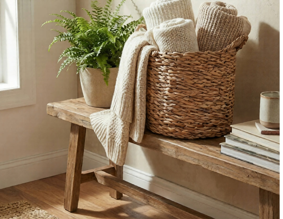 100% Handwoven Natural Rattan 8" Round Rustic Weave Basket with Handles, Boho Farmhouse Decorative Laundry & Storage Organizer, Handcrafted – Authentic African Craftsmanship, Baskets - Palace Imports