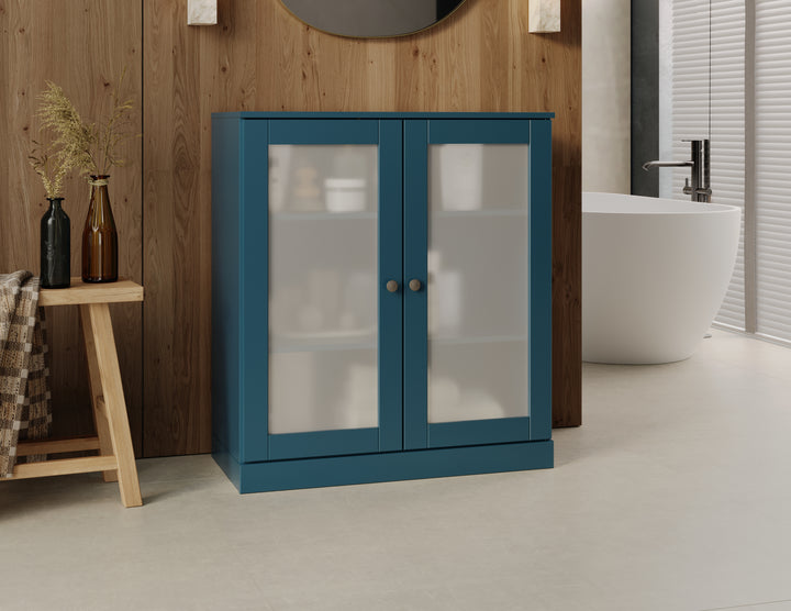 100% Solid Brazilian Pine Wood 32" Bathroom Storage Cabinet with Frosted Glass Doors & Adjustable Shelves