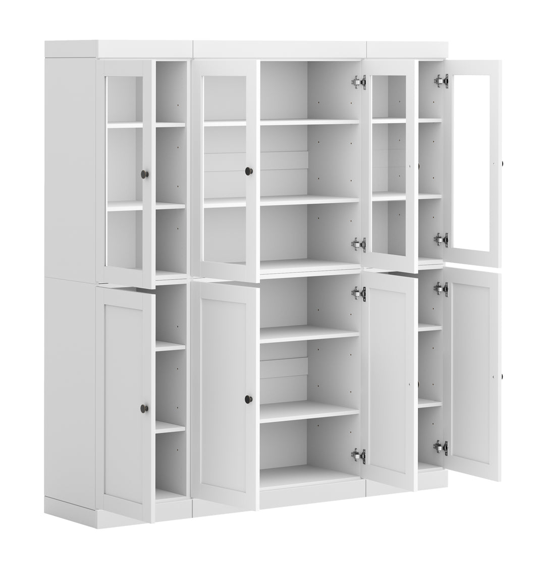 100% Solid Wood 65" China Pantry Cabinet, 4 Clear Glass, 4 Shaker Wood Doors