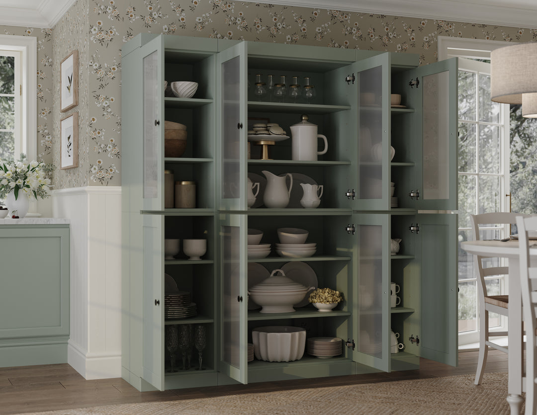 100% Solid Brazilian Pine Wood 65" Pantry Cabinet with Frosted Glass, Shaker Doors and Adjustable Shelves