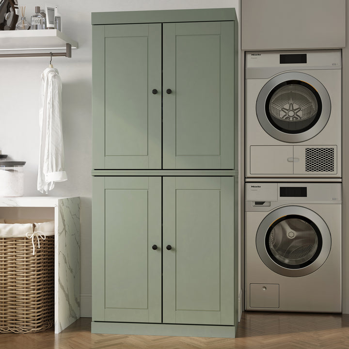 100% Solid Brazilian Pine Wood Bathroom & Laundry Storage Cabinet, Raised Panel Doors, Adjustable Shelves, 32" Wide, 71.5" Tall