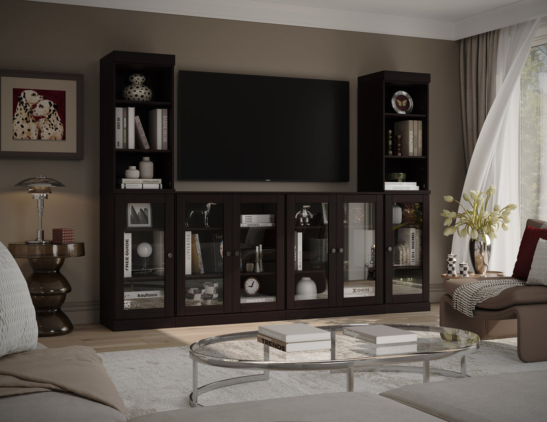 100% Solid Wood 6-Piece Entertainment Center Wall Unit with Storage, Open Cabinets & Glass Doors, Adjustable Shelves, 97" W x 71.5" H