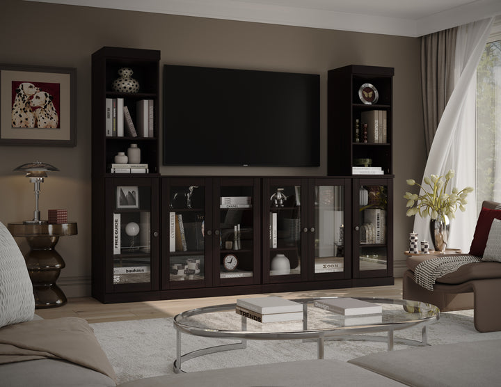 100% Solid Wood 6-Piece Entertainment Center Wall Unit with Storage, Open Cabinets & Glass Doors, Adjustable Shelves, 97" W x 71.5" H