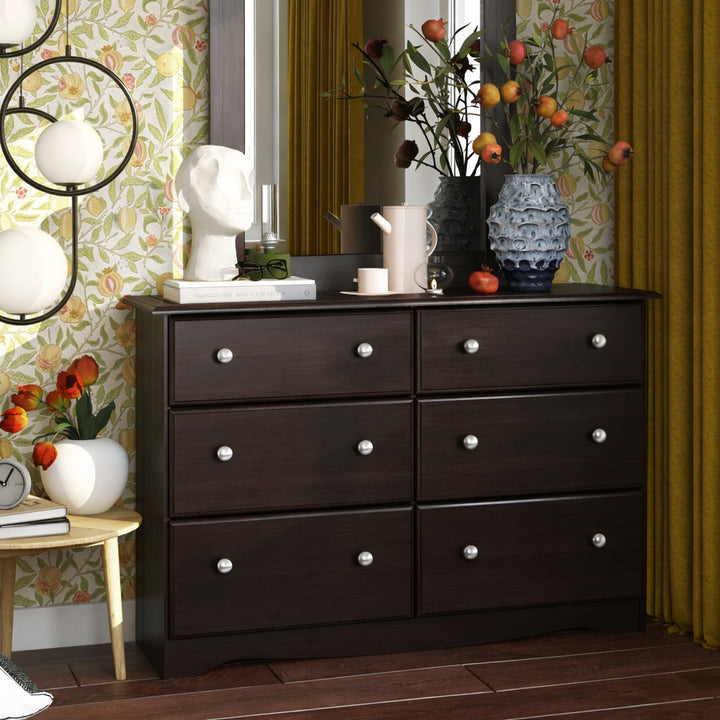 100% Solid Brazilian Pine Wood 6-Drawer Double Dresser with Metal Knobs