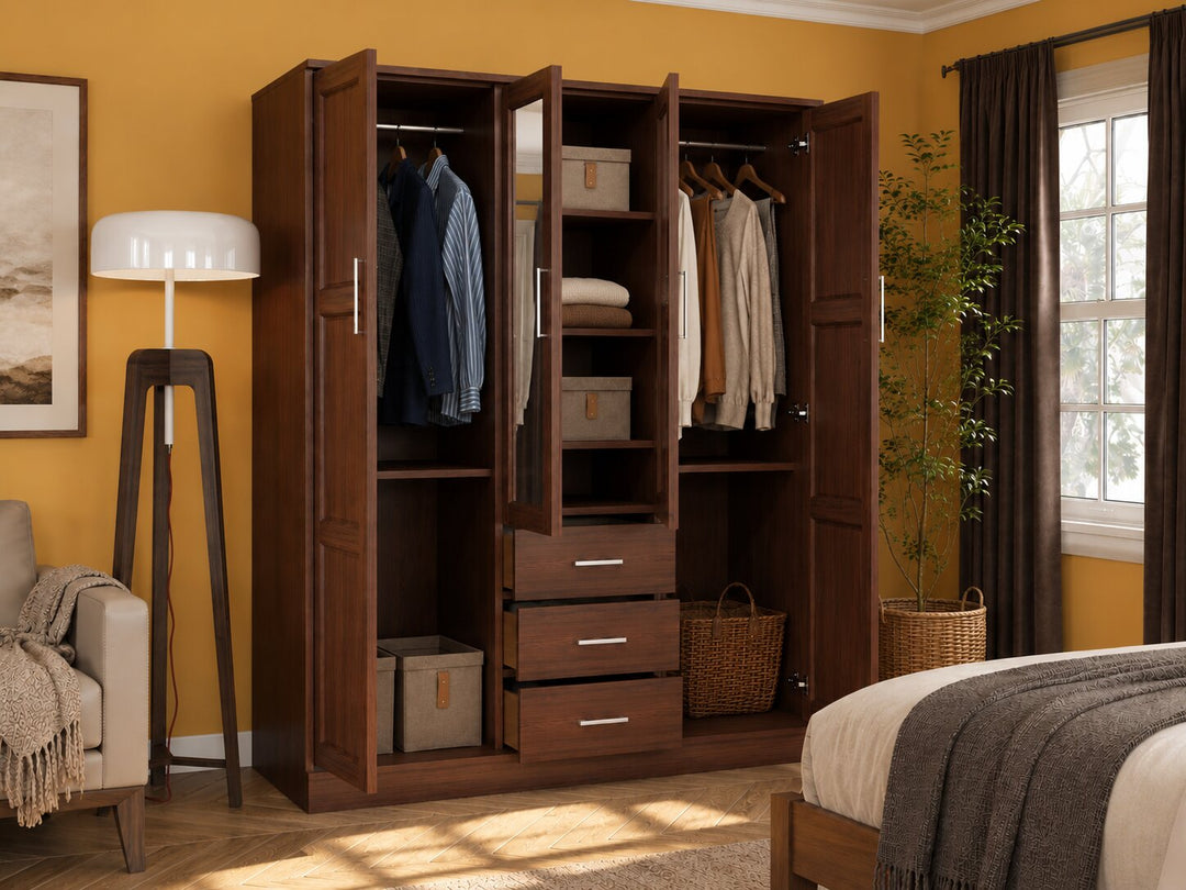 100% Solid Wood 3-Door Wardrobe Armoire with Mirrored Doors, Bedroom Closet Storage - Cosmo Collection
