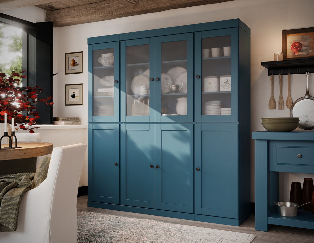 Teal Blue 100% Solid Wood Kitchen Pantry Cabinet, Tall Freestanding Modular Storage with Frosted Glass & Shaker Doors, Adjustable Shelves, 65" W x 71.5" H