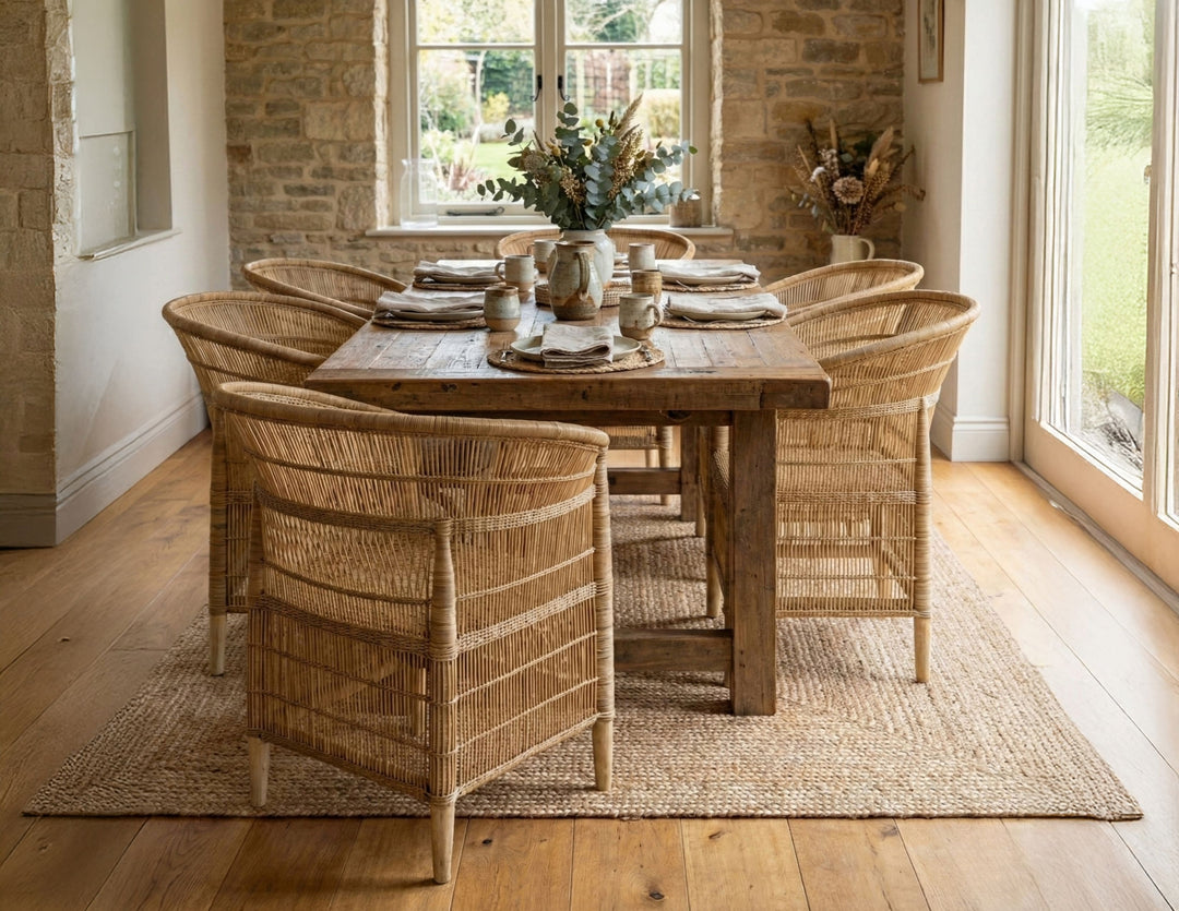 100% Solid Wood Frame Handwoven Natural Rattan Indoor Chair, Boho Farmhouse Accent Seating – Authentic African Craftsmanship