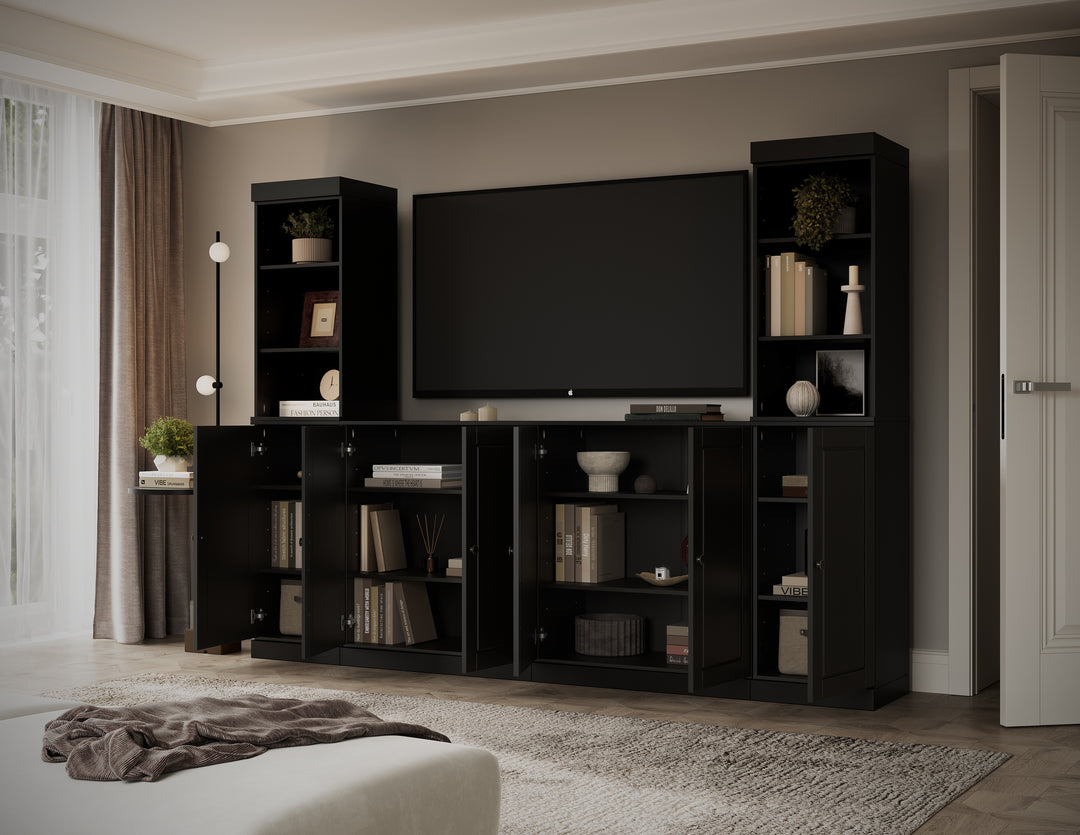 100% Solid Wood 6-Piece Entertainment Center Wall Unit with Storage, Open Cabinets & Raised Panel Doors, Adjustable Shelves, 97" W x 71.5" H