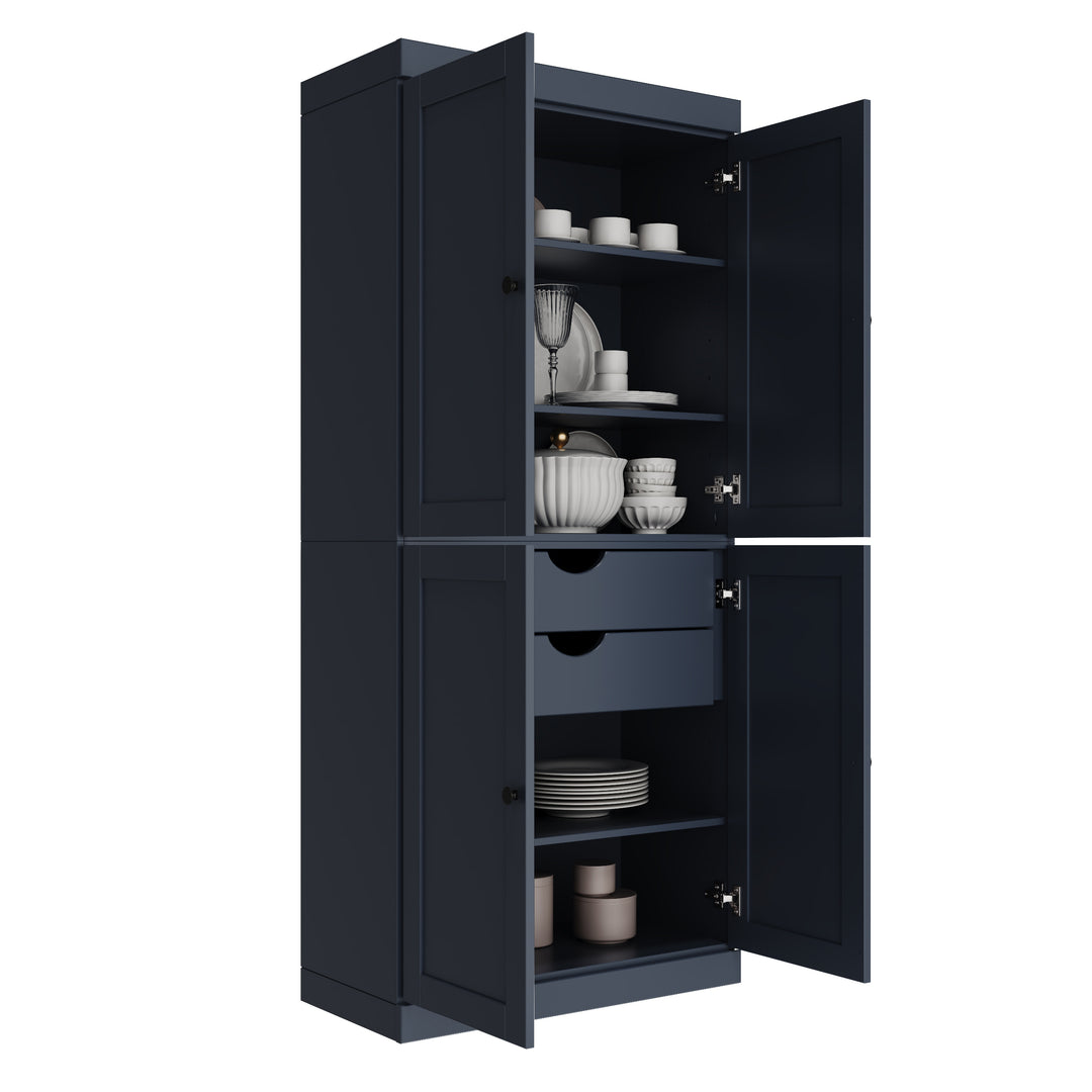 100% Solid Wood 32" Pantry Cabinet, Shaker Wood Doors, 2-Drawers