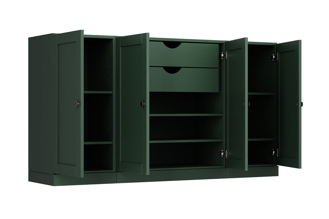 100% Solid Brazilian Pine Wood Sideboard, Shaker Doors, 2 Drawers, Adjustable Shelves, 65" Wide, 35.75" Tall