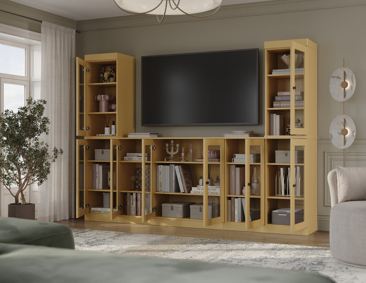 100% Solid Wood 7-Piece Entertainment Center Wall Unit with Storage, Open Cabinets & Glass Doors, Adjustable Shelves, 98" W x 71.5" H