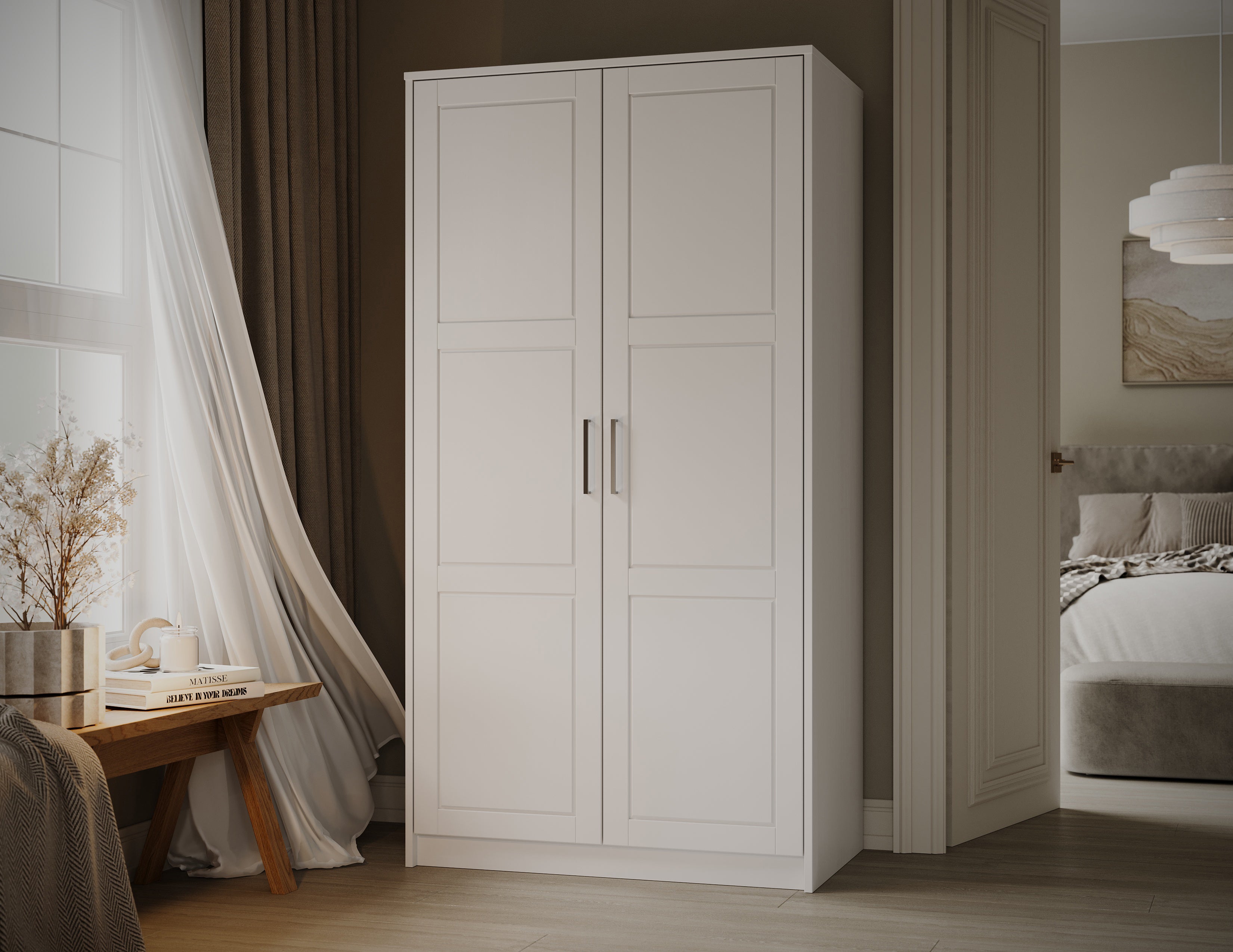 100% Solid Wood 2-Door Wardrobe Armoire with Raised Panel Doors