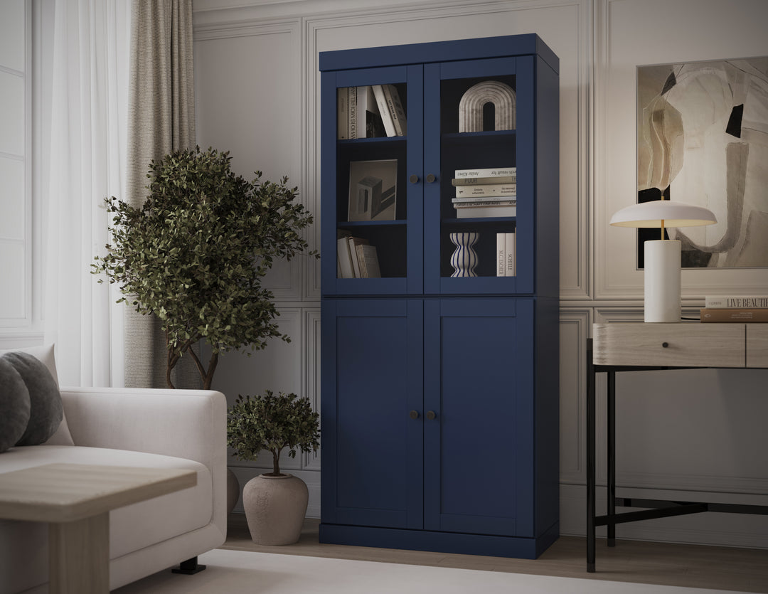 100% Solid Wood 6-Shelf 32" Bookcase, 2 Glass Doors, 2 Shaker Wood Doors, Adjustable Shelves