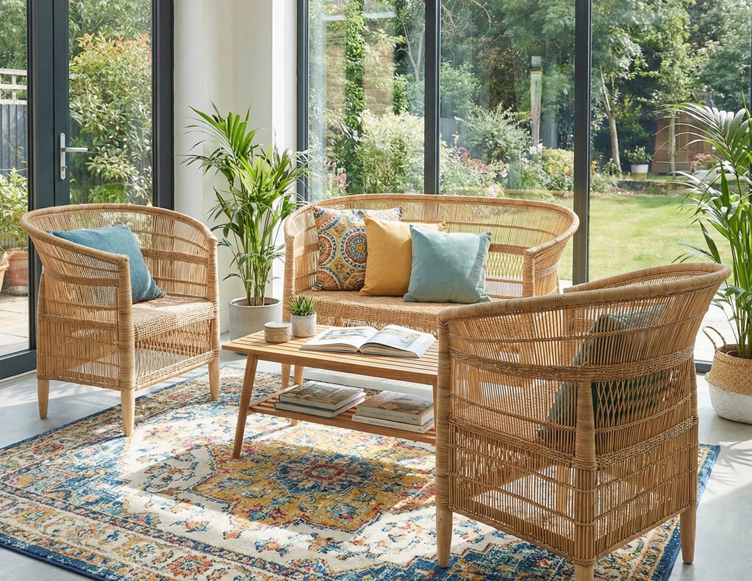 100% Handwoven Natural Rattan 3-Piece Indoor Seating Set with 2 Chairs and Loveseat, Solid Wood Frame, Boho Farmhouse, Authentic African Craftsmanship