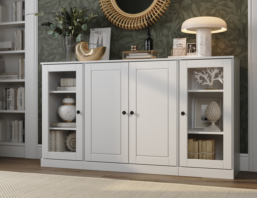 Palace Imports Solid Wood Modular Sideboard Buffet with Glass & Raised Panel Doors, Adjustable Shelves, 65