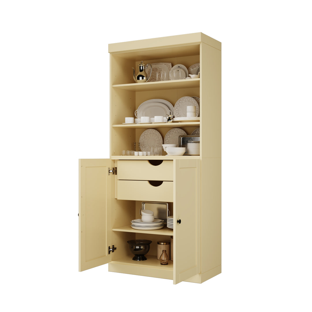 100% Solid Wood 32" Pantry Cabinet, 2 Shaker Wood Bottom Doors, 2 Drawers