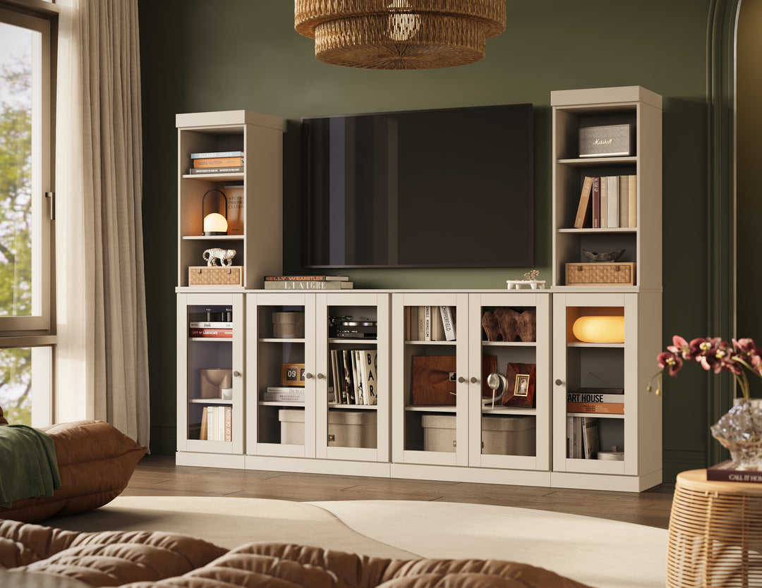 100% Solid Wood 6-Piece Entertainment Center Wall Unit with Storage, Open Cabinets & Glass Doors, Adjustable Shelves, 97" W x 71.5" H