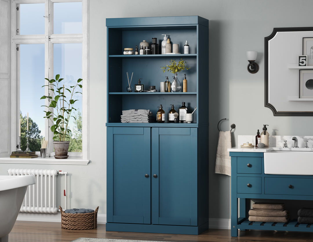 100% Solid Wood 32" Bathroom Cabinet with Shelves, Shaker Wood Doors, 2-Drawers