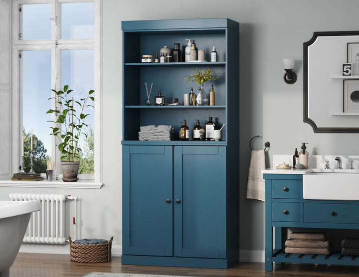 100% Solid Wood 32" Bathroom Cabinet with Shelves, Shaker Wood Doors, 2-Drawers