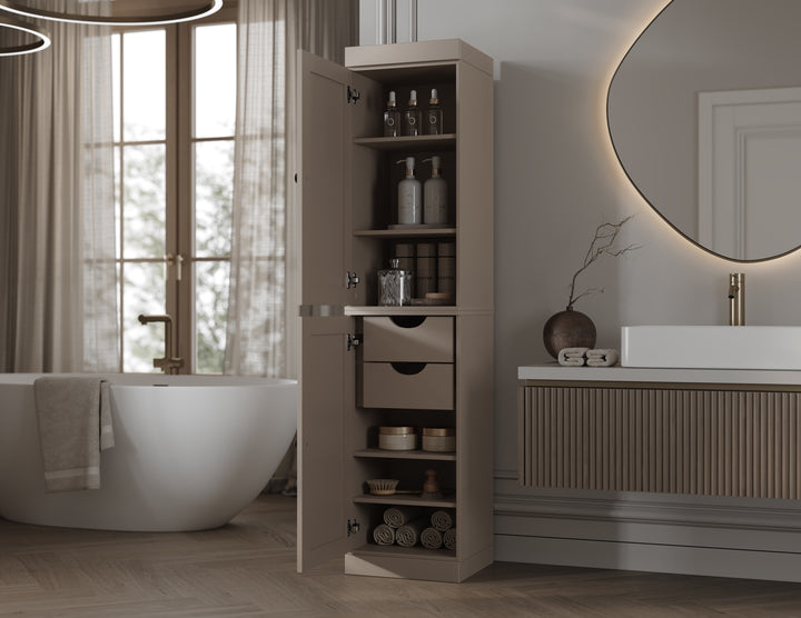 100% Solid Wood Tall Freestanding Modular Bathroom Linen Storage Cabinet with Shaker Doors, 2 Drawers, Adjustable Shelves, 16.5" W x 71.5" H