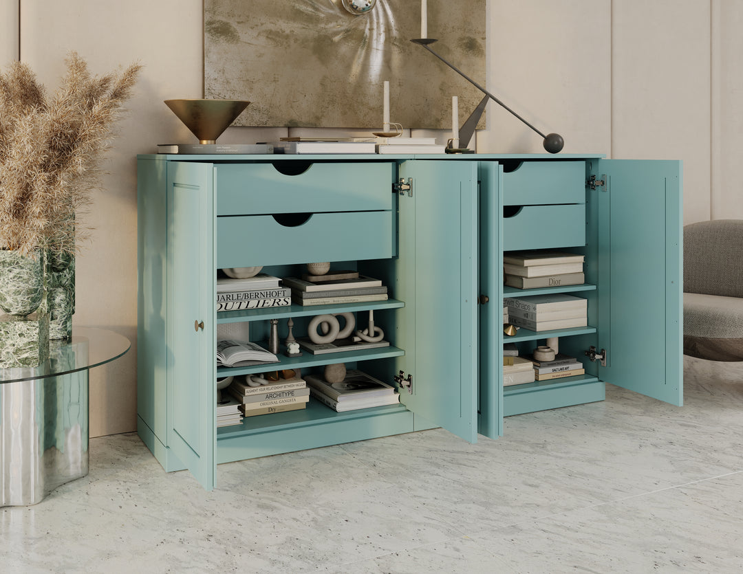 100% Solid Wood 64" Sideboard, Raised Panel Wood Doors, 4 Drawers, Adjustable Shelves