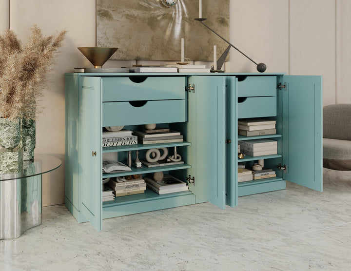 100% Solid Wood 64" Sideboard, Raised Panel Wood Doors, 4 Drawers, Adjustable Shelves