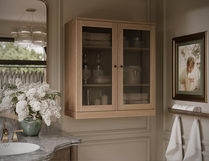 Premium 100% Solid European Oak Bathroom Wall Cabinet with Tinted Glass Doors, Hanging Storage, 32" Wide, 71.5" Tall