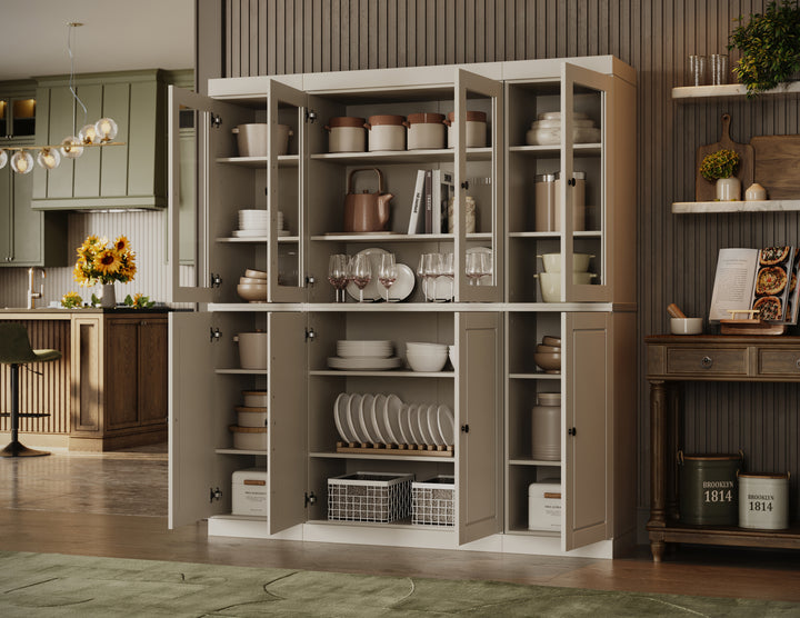 100% Solid Wood Tall Freestanding Kitchen Pantry Cabinet with Glass Doors, Modular Storage Cabinet with Adjustable Shelves, 65" W x 71.5" H