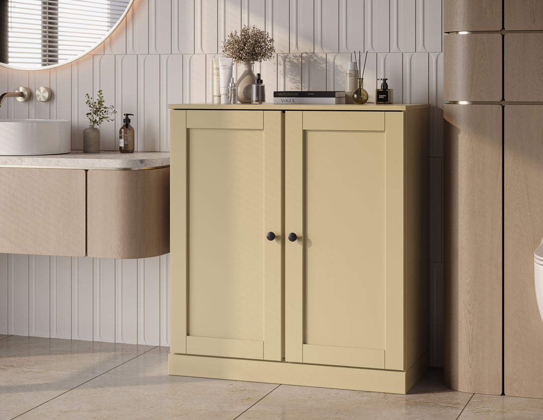 100% Solid Brazilian Pine Wood Bathroom Storage Cabinet, Shaker Doors, 2 Drawers, Adjustable Shelves, 32" Wide, 35.75" Tall