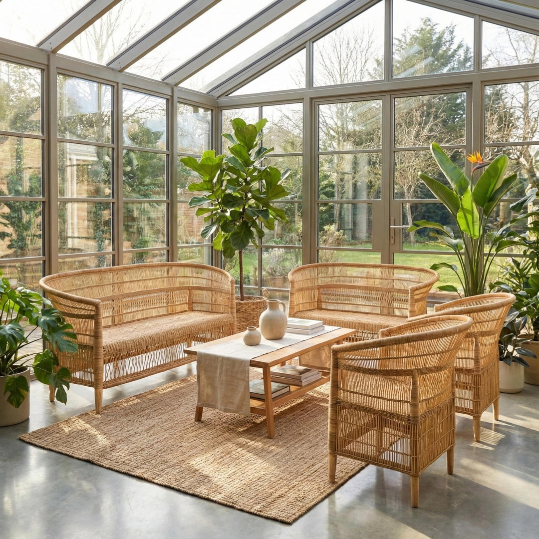 100% Handwoven Natural Rattan 4-Piece Indoor Seating Set with 2 Chairs, Loveseat, and 3-Seater Settee, Solid Wood Frame, Boho Farmhouse, Authentic African Craftsmanship