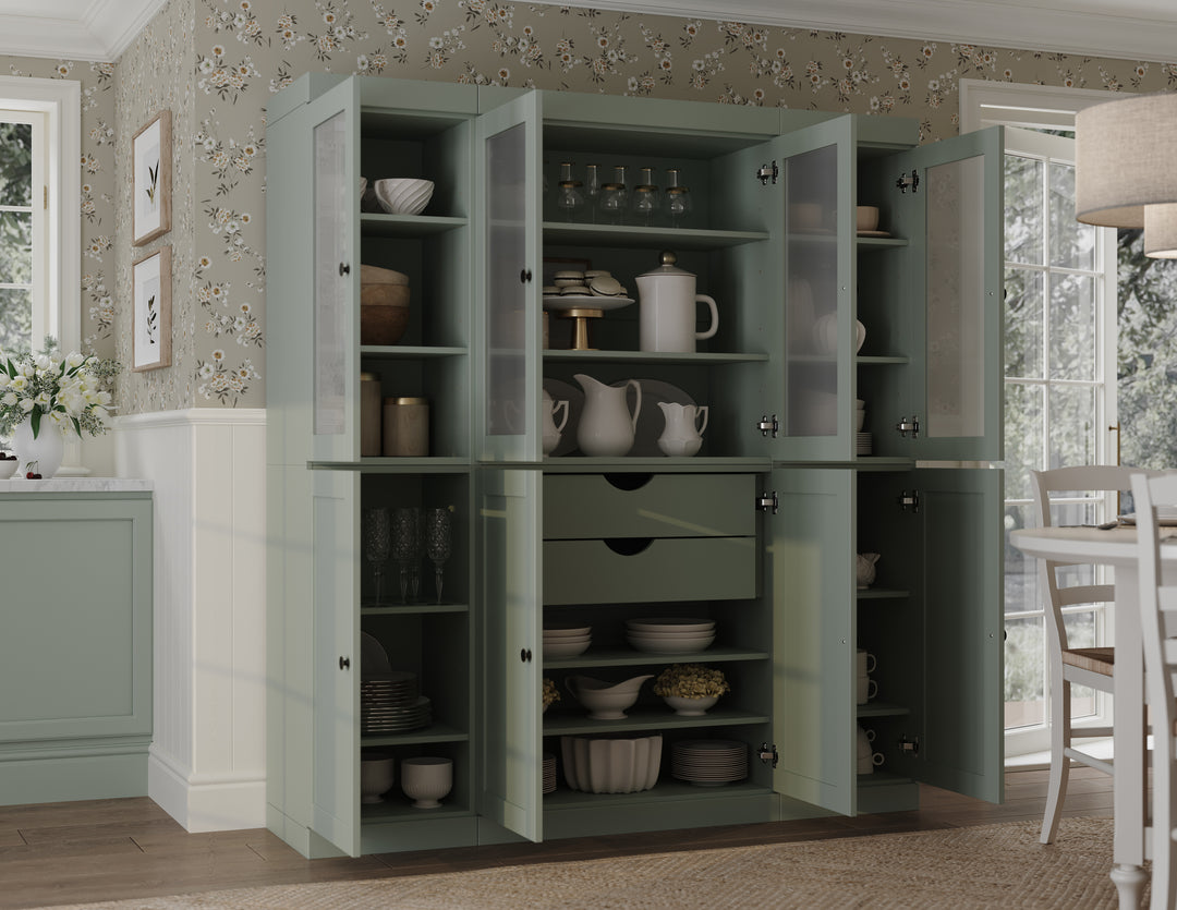 Sage 65" Solid Wood Kitchen Pantry Cabinet with Frosted Glass & Shaker Doors & 2 Drawers