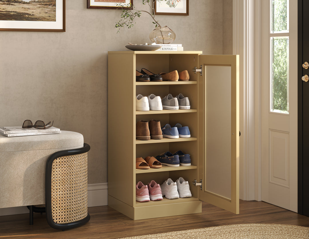 100% Solid Wood Narrow Frosted Glass Door Shoe Storage Cabinet with Adjustable Shelves, Space Saving Stackable Organizer, 16.5" W x 35.75" H