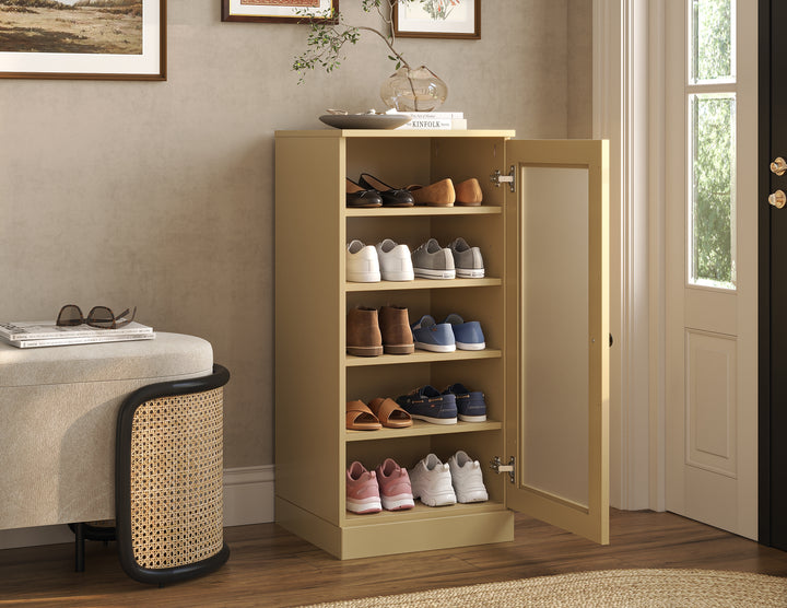 100% Solid Wood Narrow Frosted Glass Door Shoe Storage Cabinet with Adjustable Shelves, Space Saving Stackable Organizer, 16.5" W x 35.75" H
