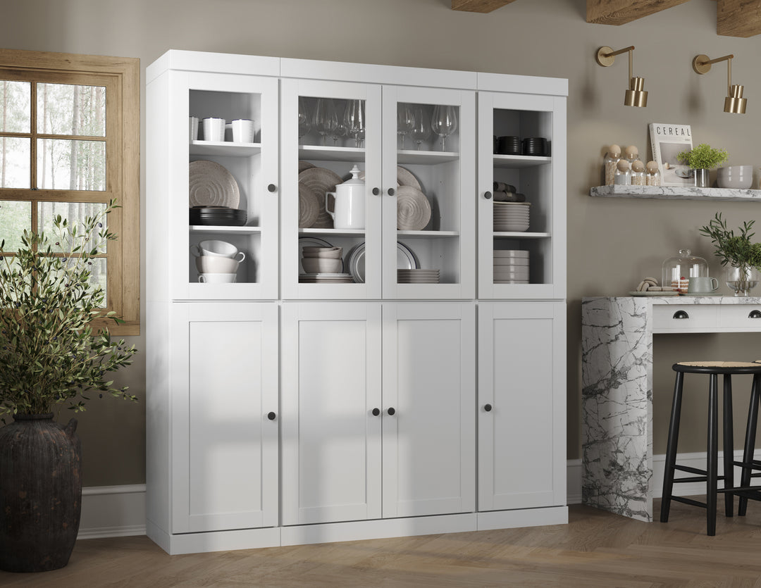 100% Solid Wood 65" China Pantry Cabinet, 4 Glass, 4 Shaker Wood Doors, 2-Drawers