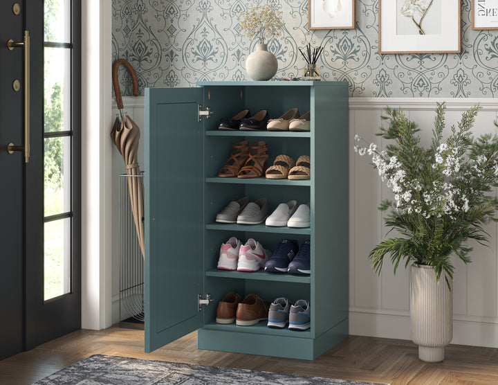 100% Solid Wood Narrow Shoe Storage Cabinet with Raised Panel Door, Adjustable Shelves, Space Saving Stackable Organizer, 16.5" W x 35.75" H