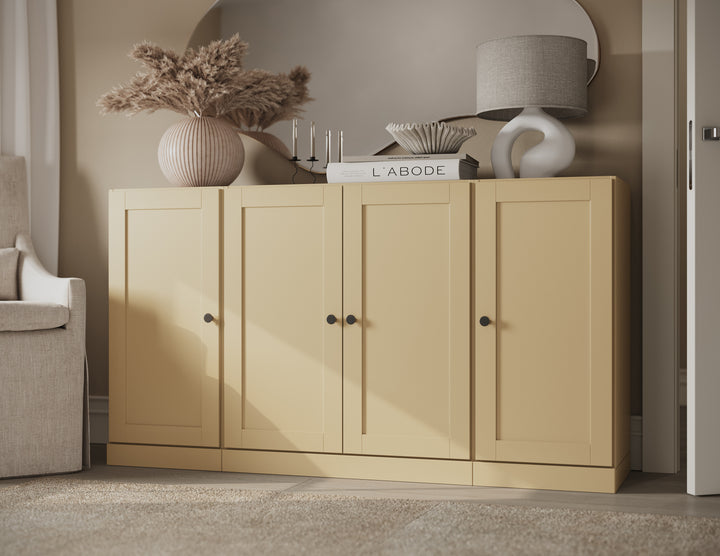 100% Solid Brazilian Pine Wood Sideboard, Shaker Doors, 2 Drawers, Adjustable Shelves, 65" Wide, 35.75" Tall