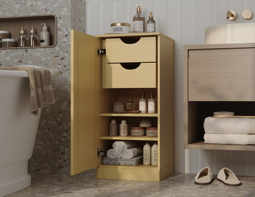 100% Solid Wood Bathroom Storage Cabinet, Raised Panel Door, 2 Drawers, Adjustable Shelves, 16.5" Wide, 35.75" Tall