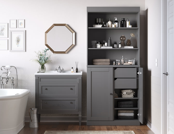 100% Solid Wood 32" Bathroom Cabinet with Shelves, Shaker Wood Doors, 2-Drawers