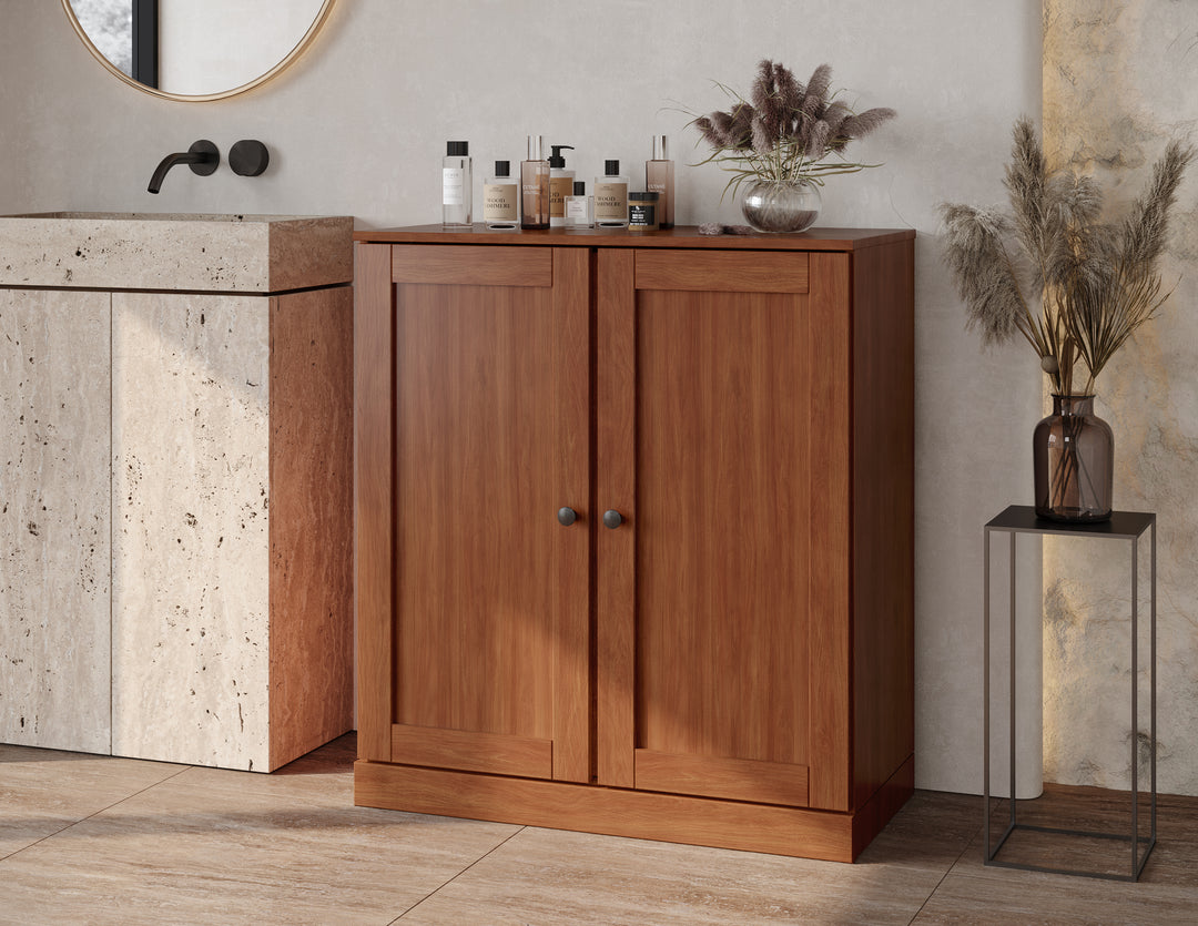 100% Solid Brazilian Pine Wood Bathroom Storage Cabinet, Shaker Doors, 2 Drawers, Adjustable Shelves, 32" Wide, 35.75" Tall