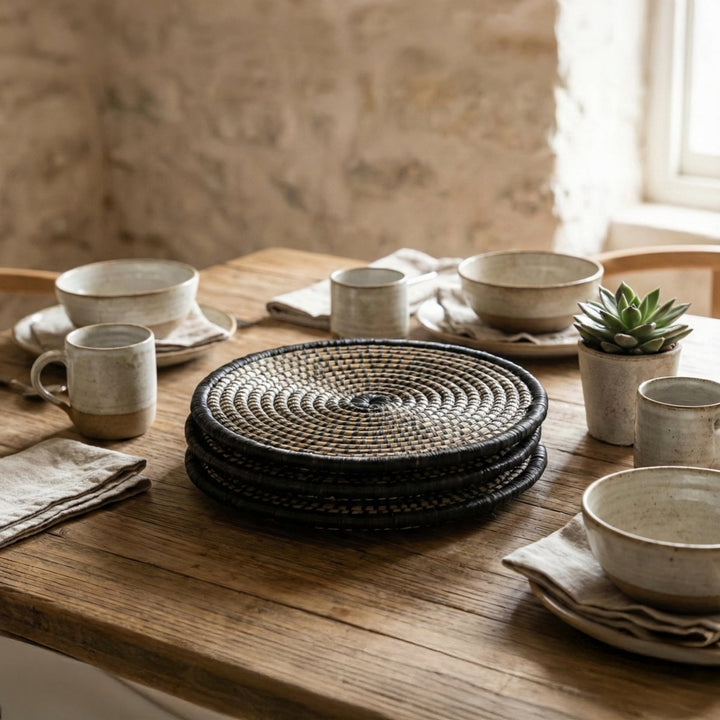 100% Handwoven Natural Rattan Round Placemats, Boho Farmhouse Kitchen & Dining, Heat-Resistant Table Mats, Handcrafted – Authentic African Craftsmanship, Placemats - Palace Imports