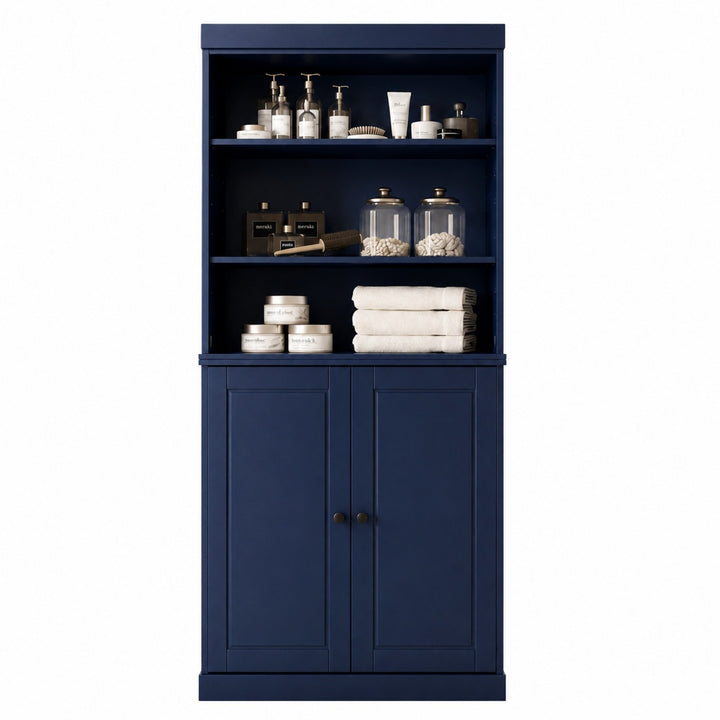100% Solid Wood Tall Freestanding Modular Bathroom Linen Storage Cabinet with Open Shelf & Raised Panel Doors, Adjustable Shelves, 32" W x 71.5" H