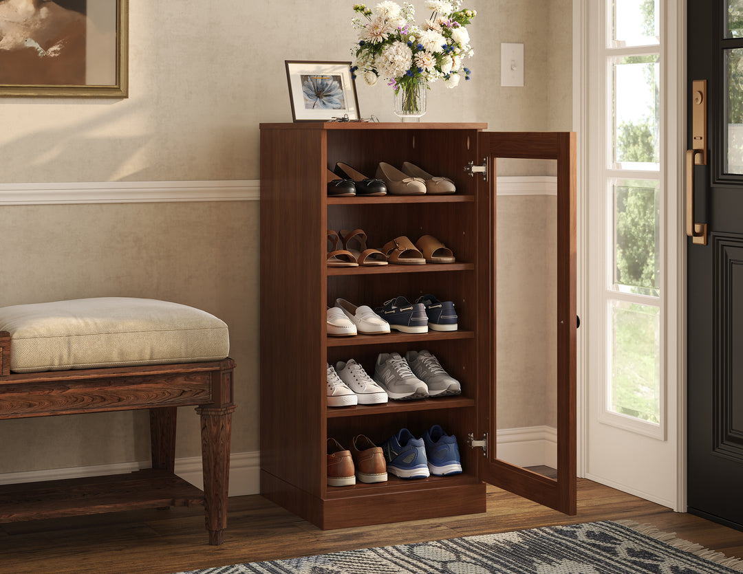 100% Solid Wood Narrow Glass Door Shoe Storage Cabinet with Adjustable Shelves, Space Saving Stackable Organizer, 16.5" W x 35.75" H