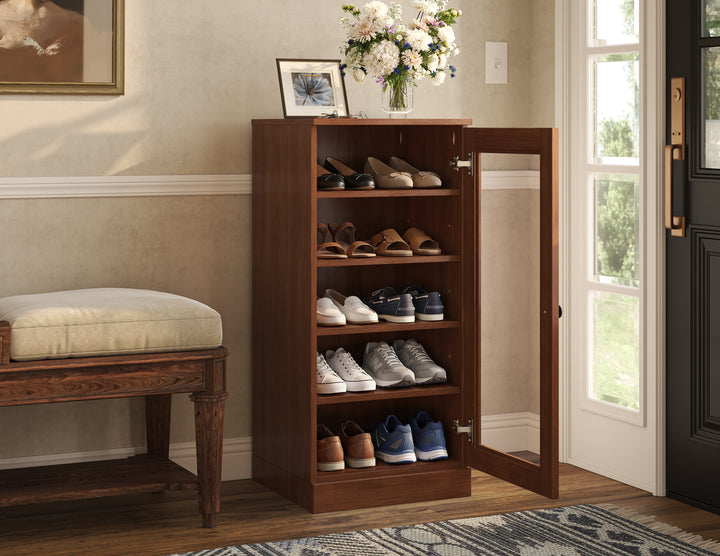 100% Solid Wood Narrow Glass Door Shoe Storage Cabinet with Adjustable Shelves, Space Saving Stackable Organizer, 16.5" W x 35.75" H