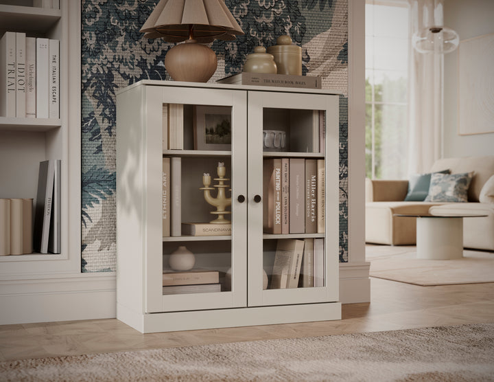 100% Solid Wood 3-Shelf Glass Door Bookcase, Storage Bookshelf with Adjustable Shelves, 32" W x 35.75" H