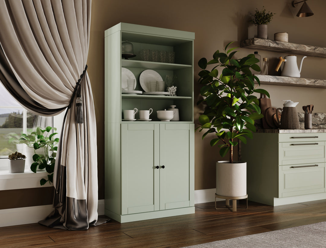 100% Solid Wood 32" Pantry Cabinet, 2 Shaker Wood Bottom Doors, 2 Drawers