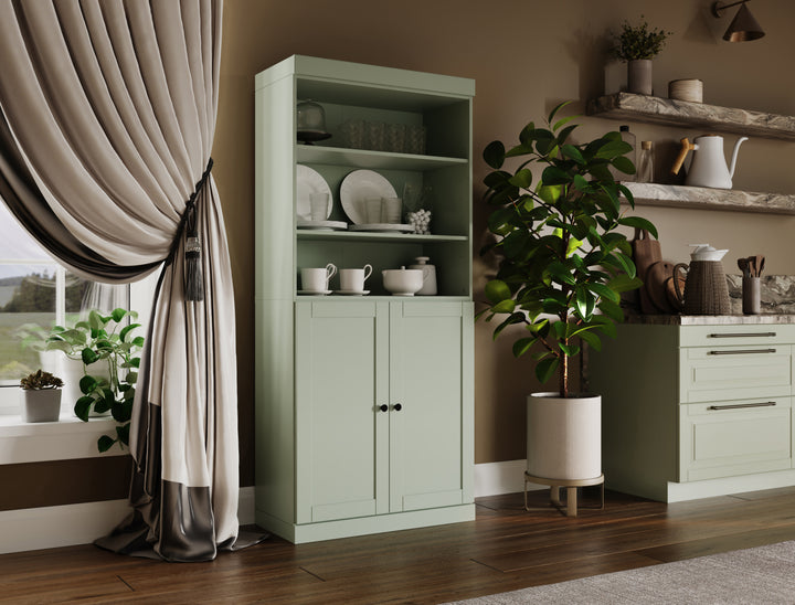 100% Solid Wood 32" Pantry Cabinet, 2 Shaker Wood Bottom Doors, 2 Drawers