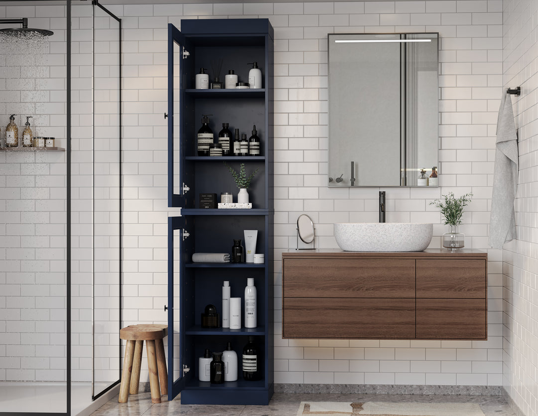 100% Solid Wood 16.5" Tall Bathroom Cabinet, Glass Doors, Adjustable Shelves