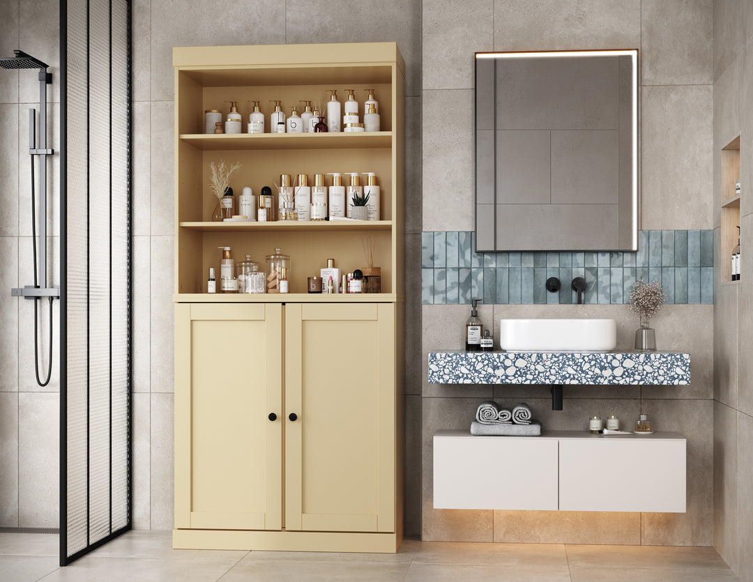 100% Solid Wood 32" Bathroom Cabinet with Shelves, Shaker Wood Doors, 2-Drawers