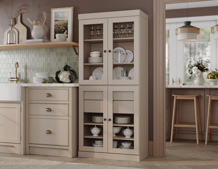 100% Solid Wood 32" Pantry Cabinet, 4 Clear Glass Doors, 2-Drawers Set