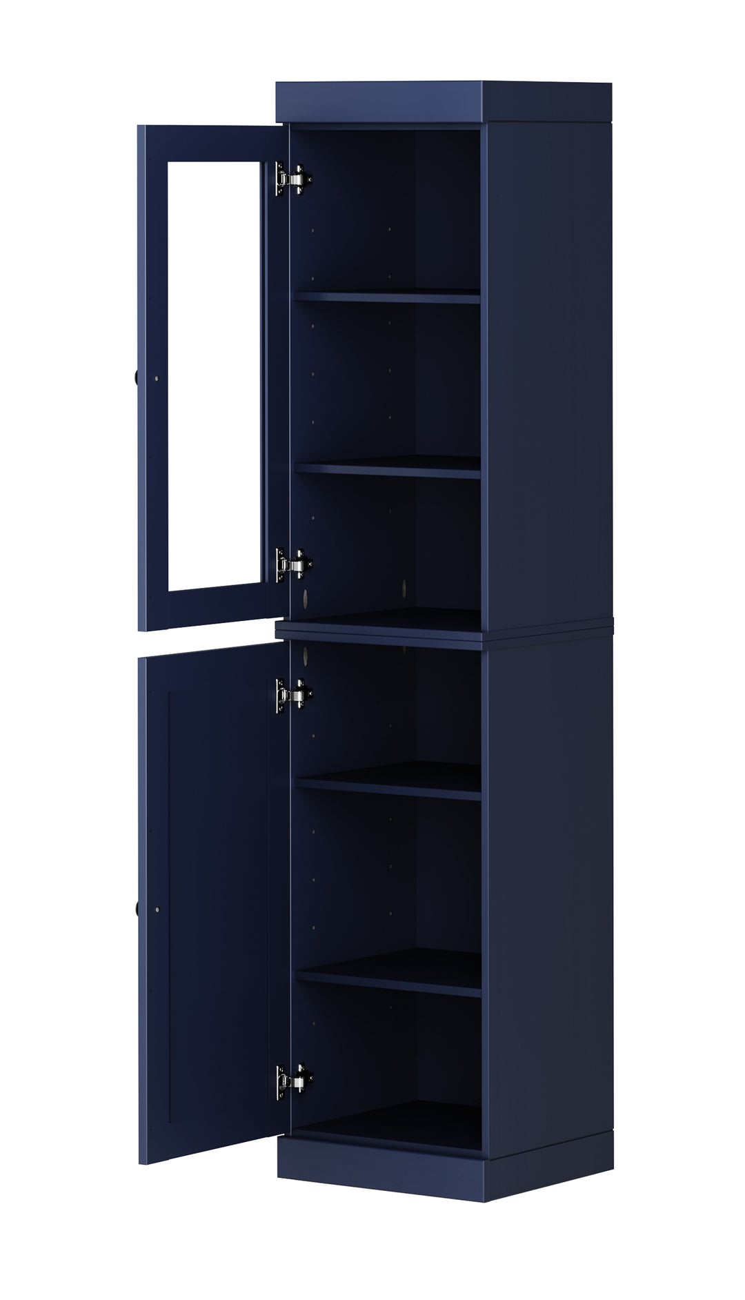 100% Solid Brazilian Pine Wood Pantry Cabinet, Raised Panel & Clear Glass Doors, Adjustable Shelves, 16.5" Wide, 71.5" Tall